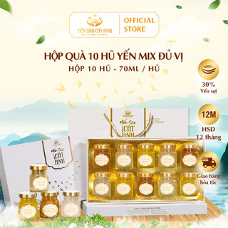 Hộp quà yến chưng sẵn CÁT ANH mix 10 hũ mix nhân sâm đông trùng saffron 30% yến sợi, bảo hành 1 đổi 1