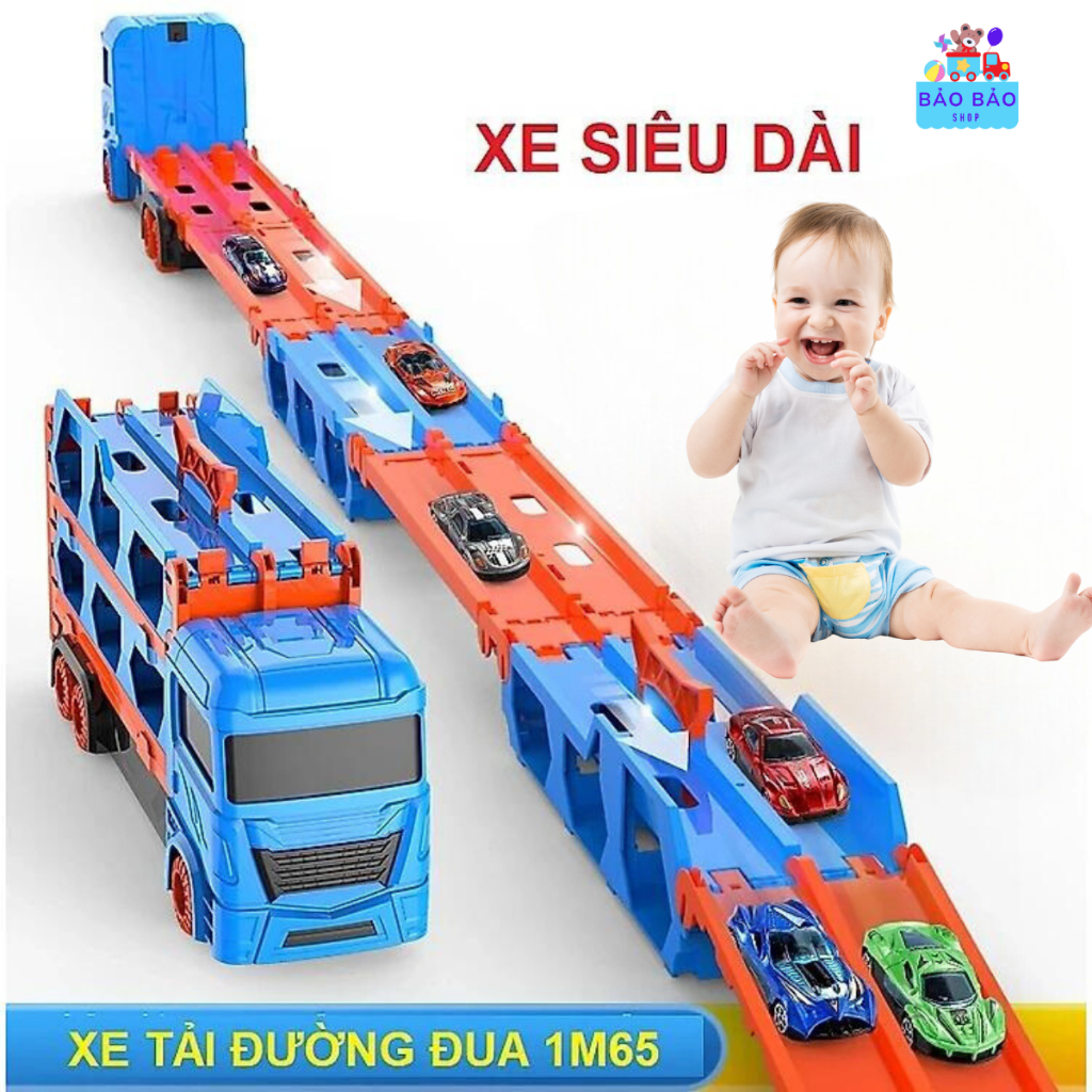 Ô tô đồ chơi xe tải 3 tầng kèm 6 xe đua nhỏ mô hình đường đua có thể gấp gọn cho bé