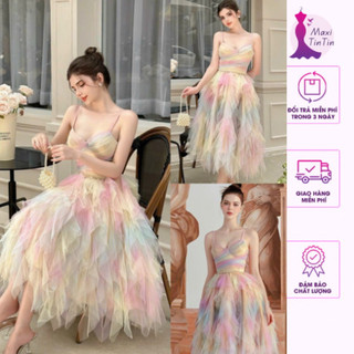 Đầm Váy Công Chúa đi tiệc đi biển hai dây omber loang màu cầu vồng chất lưới sẵn mút hàng cao cấp thiết kế