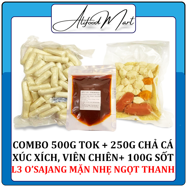 Combo 500g bánh gạo cắt khúc gói trắng + 250g chả cá, xúc xích, viên chiên + 100g sốt nấu tokbokki