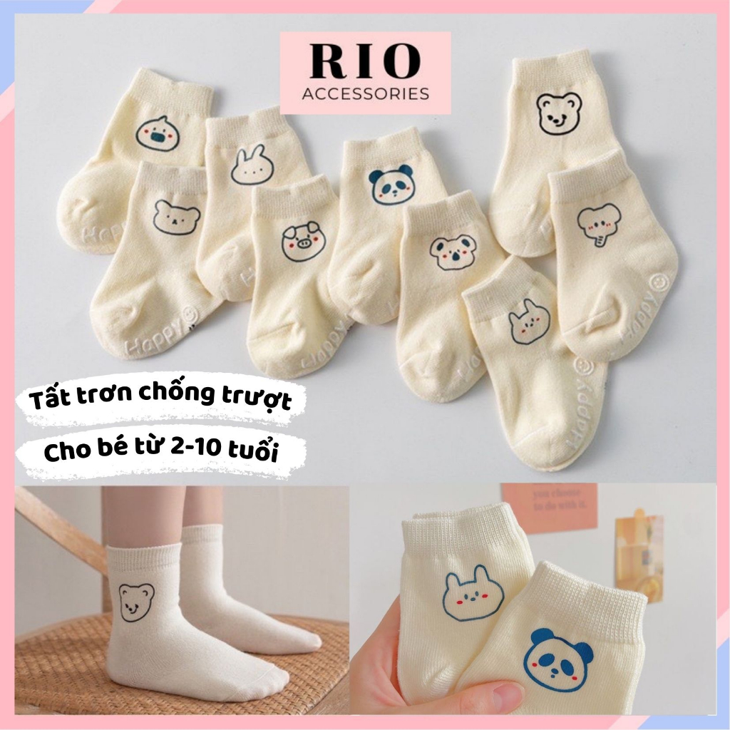 Tất Vớ Cổ Ngắn Chống Trượt Màu Trắng Kem Hình Thú Đáng Yêu Cho Bé Từ 2-10 Tuổi VHT