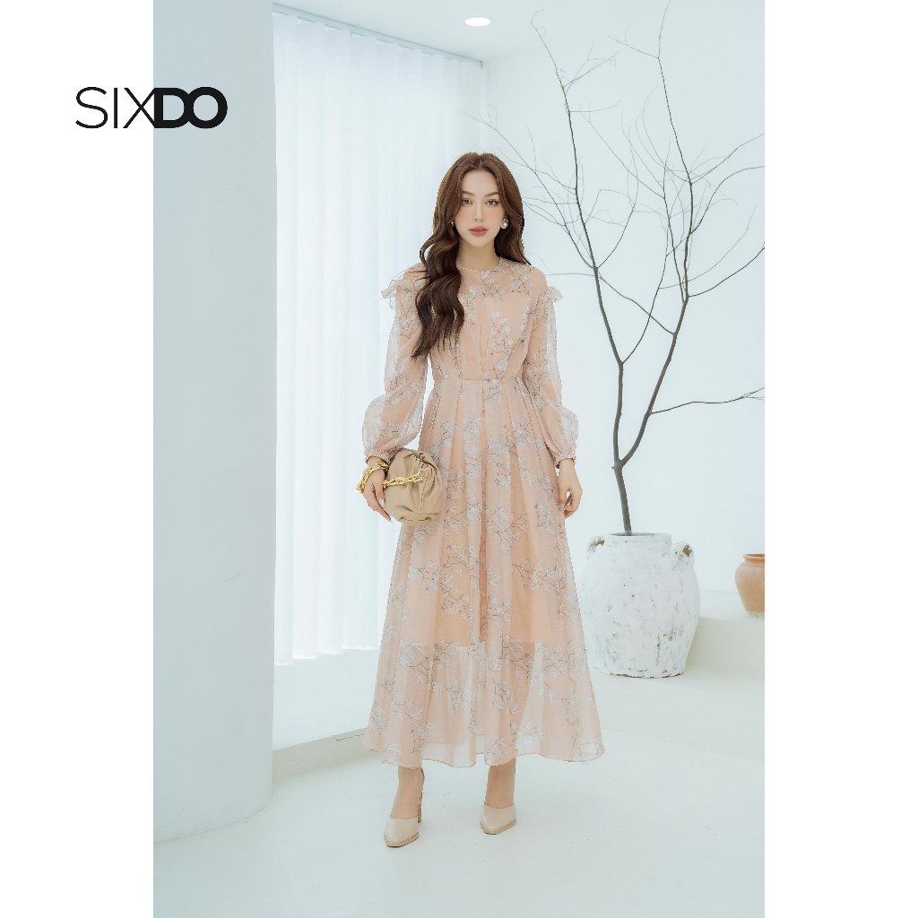 Đầm voan hoa midi dài tày phối bèo thời trang SIXDO (Beige Floral Midi Voile Dress)