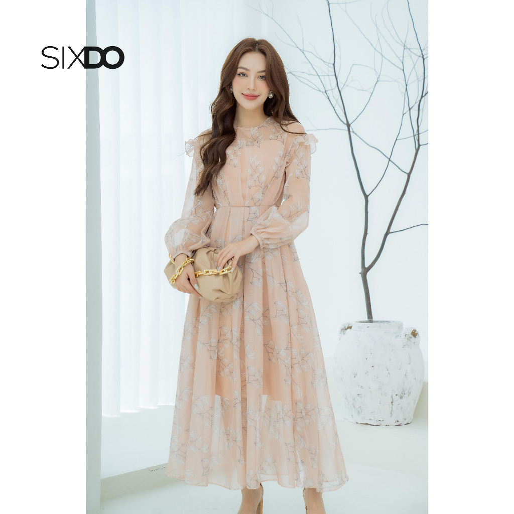 Đầm voan hoa midi dài tày phối bèo thời trang SIXDO (Beige Floral Midi Voile Dress)