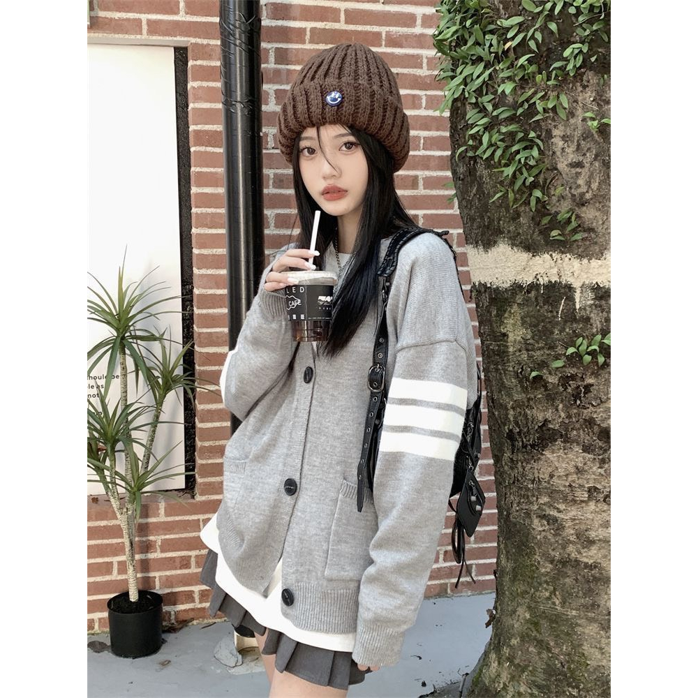 Áo Khoác Len, Áo Cardigan Dáng Dài Tay Dài From Rộng Bigsz Tay Phối 2 Sọc 2 Bên Phù Hợp Mặc Đi Chơi, Dạo Phố Matmat