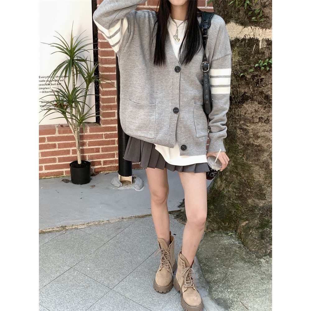 Áo Khoác Len, Áo Cardigan Dáng Dài Tay Dài From Rộng Bigsz Tay Phối 2 Sọc 2 Bên Phù Hợp Mặc Đi Chơi, Dạo Phố Matmat