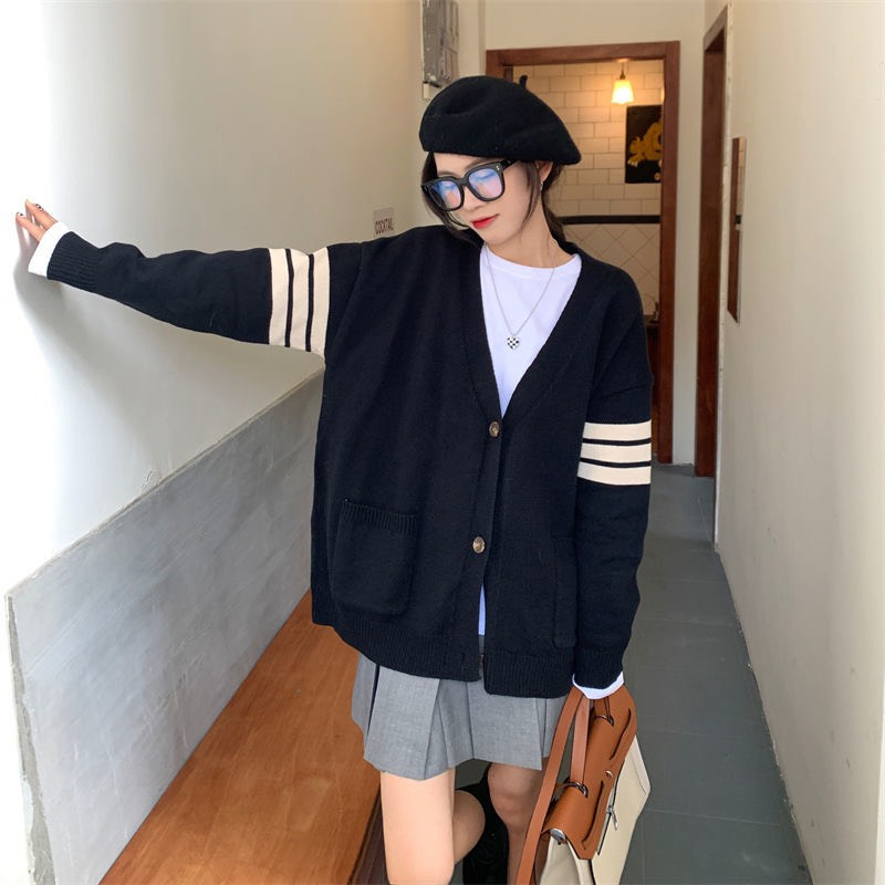 Áo Khoác Len, Áo Cardigan Dáng Dài Tay Dài From Rộng Bigsz Tay Phối 2 Sọc 2 Bên Phù Hợp Mặc Đi Chơi, Dạo Phố Matmat