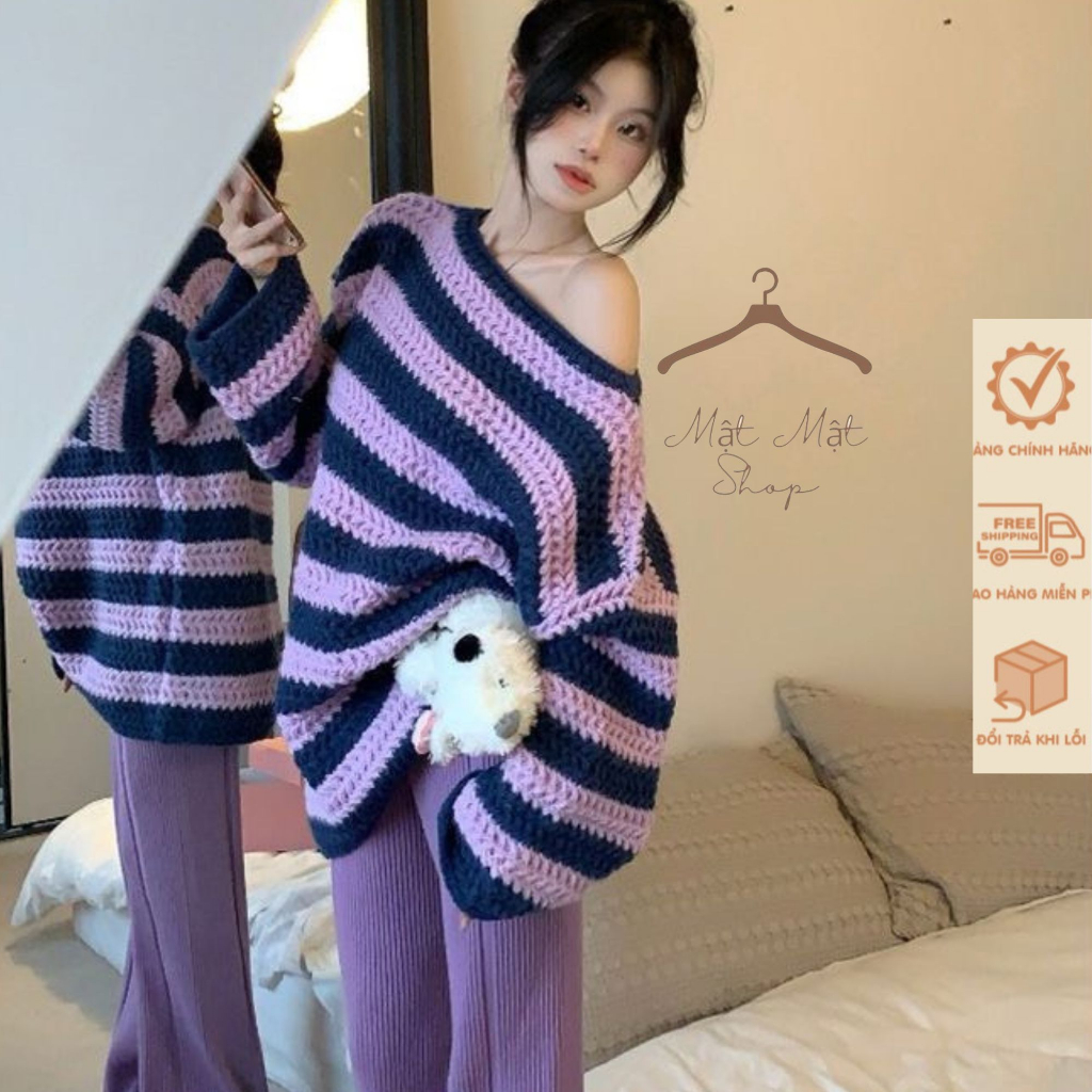 Áo Len Dáng Dài From Rộng Tay Dài, Áo Len Cổ Thuyền Mặc Đc 2 Kiểu Phối Sọc Ngang Màu Phù Hợp Với Mọi Lứa Tuổi Matmat