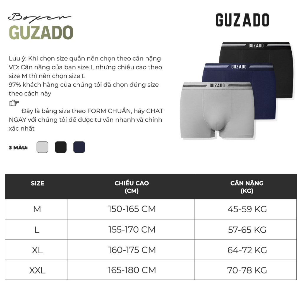 COMBO 3 quần lót nam Guzado Mẫu Boxer Cotton Bamboo Thoáng Khí Vượt Trội,Co Giãn Thoải Mái CB3GBX02