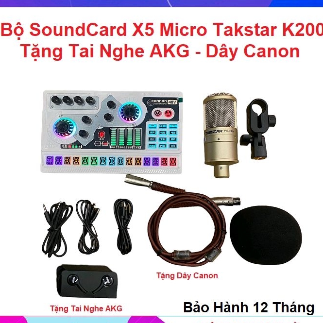 Combo SoundCard X5, Auto-tune Bluetooth Mới 2023, Có Cổng Mic 48V, Micro K200 - Tặng Tai AKG Dây Canon - Hát Livestream