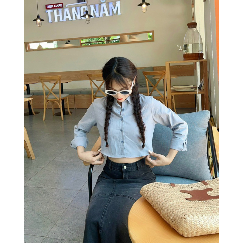 Áo Sơmi Croptop Trơn Tay Dài SHE NN
