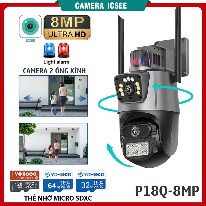 Camera ip wifi 2 ống kính 8.0MP - Siêu nét góc rộng - Camera không dây icsee đàm thoại, phát hiện chuyển động thông minh