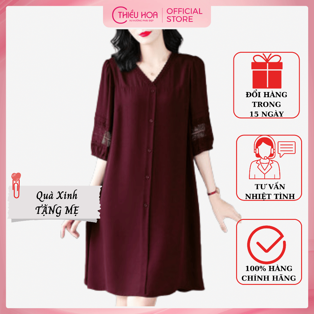 Đầm Trung Niên dự tiệc sang trọng, chất liệu cao cấp, thiết kế cổ chữ V siêu tôn dáng Thương hiệu Thiều Hoa B0513