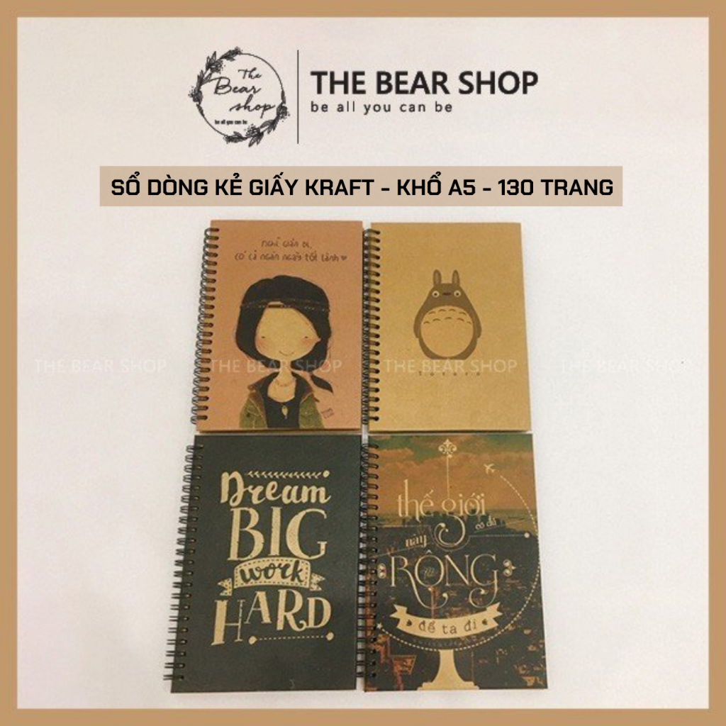 Sổ tay ghi chép handmade vintage Có Dòng Kẻ - Khổ A5 bìa cứng giấy kraft - 130trang - The Bear Shop