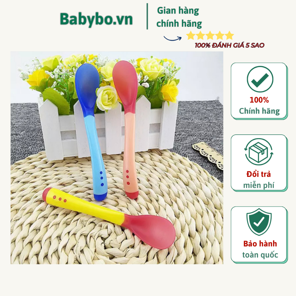 Thìa ăn dặm silicon đầu mềm có chức năng báo nóng bảo vệ bé khỏi bị bỏng
