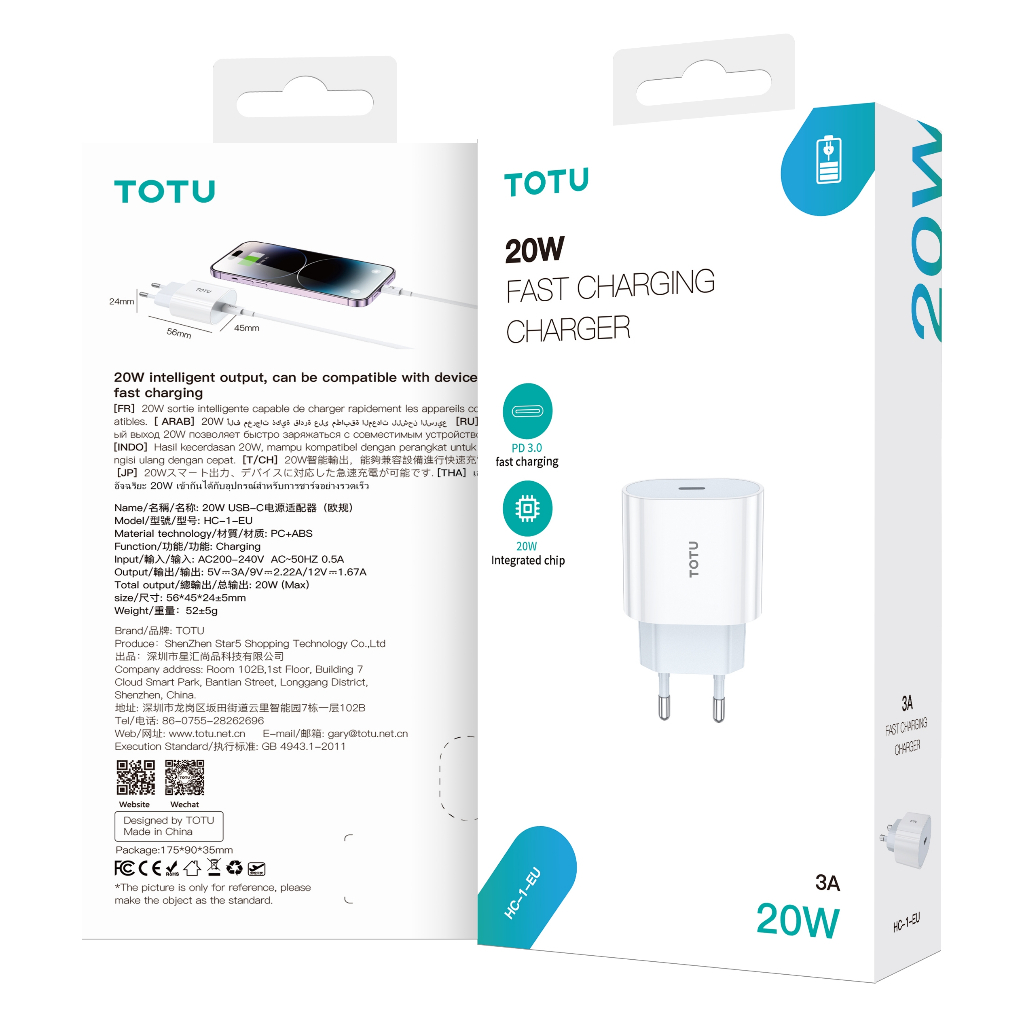 Bộ sạc nhanh 20w TOTU HC-1-EU kèm dây typec to Táo sạc nhanh ổn định cho tất cả các dòng điện thoại