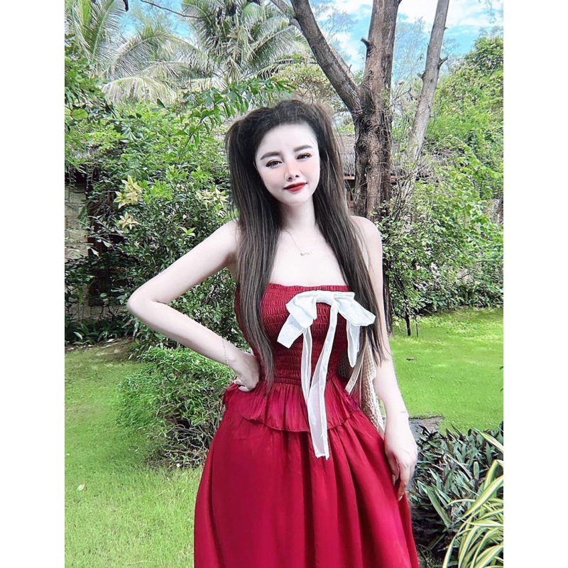 ĐẦM MAAÂXI CÚP NGỰC MOCKING ĐÍNH NƠ DÁNG DÀI VOAN TƠ TẦNG