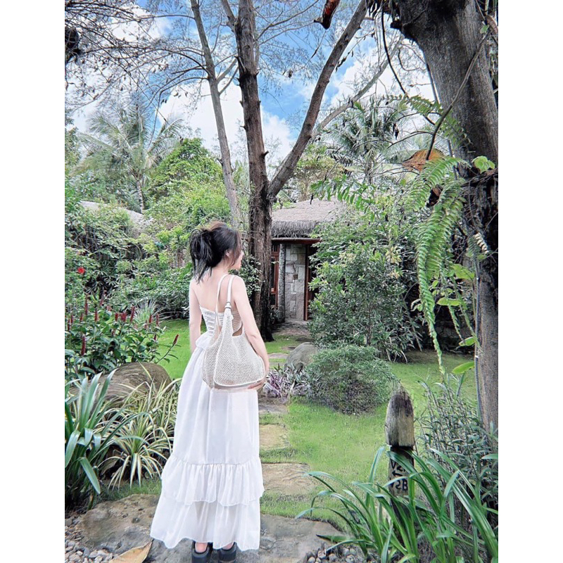 ĐẦM MAAÂXI CÚP NGỰC MOCKING ĐÍNH NƠ DÁNG DÀI VOAN TƠ TẦNG