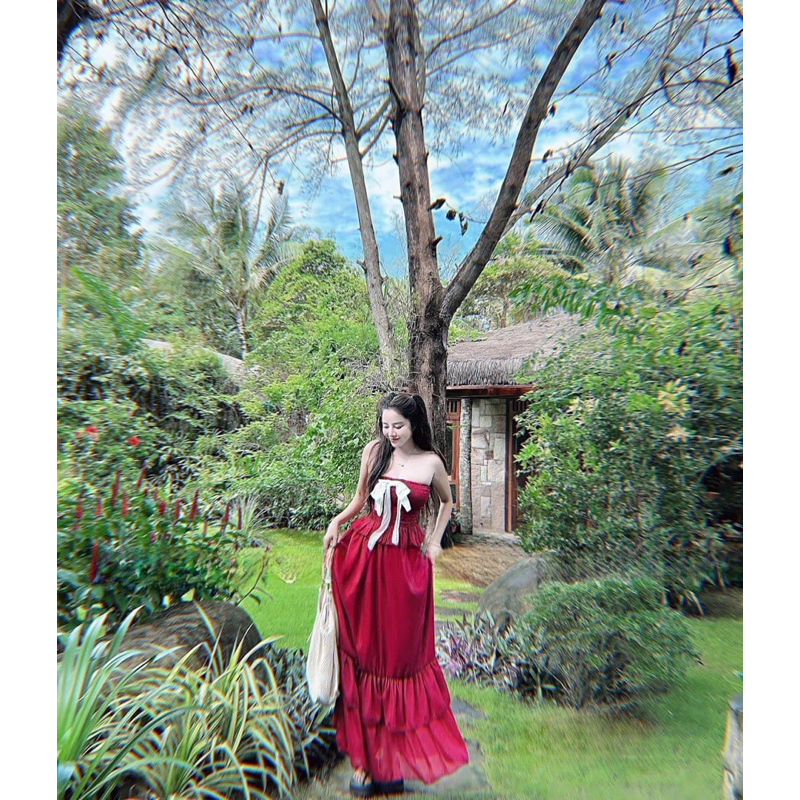 ĐẦM MAAÂXI CÚP NGỰC MOCKING ĐÍNH NƠ DÁNG DÀI VOAN TƠ TẦNG