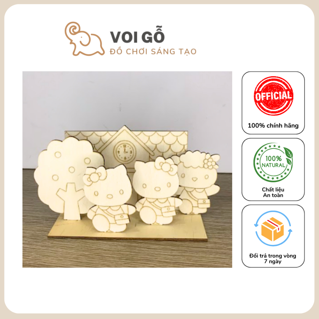 Bộ Gỗ Hình Mèo Kitty Siêu Đánh Yêu - Kèm 12 Màu 2 Cọ - Đồ Chơi Cho Trẻ Em Tô Màu và Lắp Ghép Dùng Tr