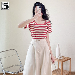 Áo thun nữ Twentyfive cổ rộng dáng ôm đuôi tôm họa tiết kẻ ngang co dãn 4847