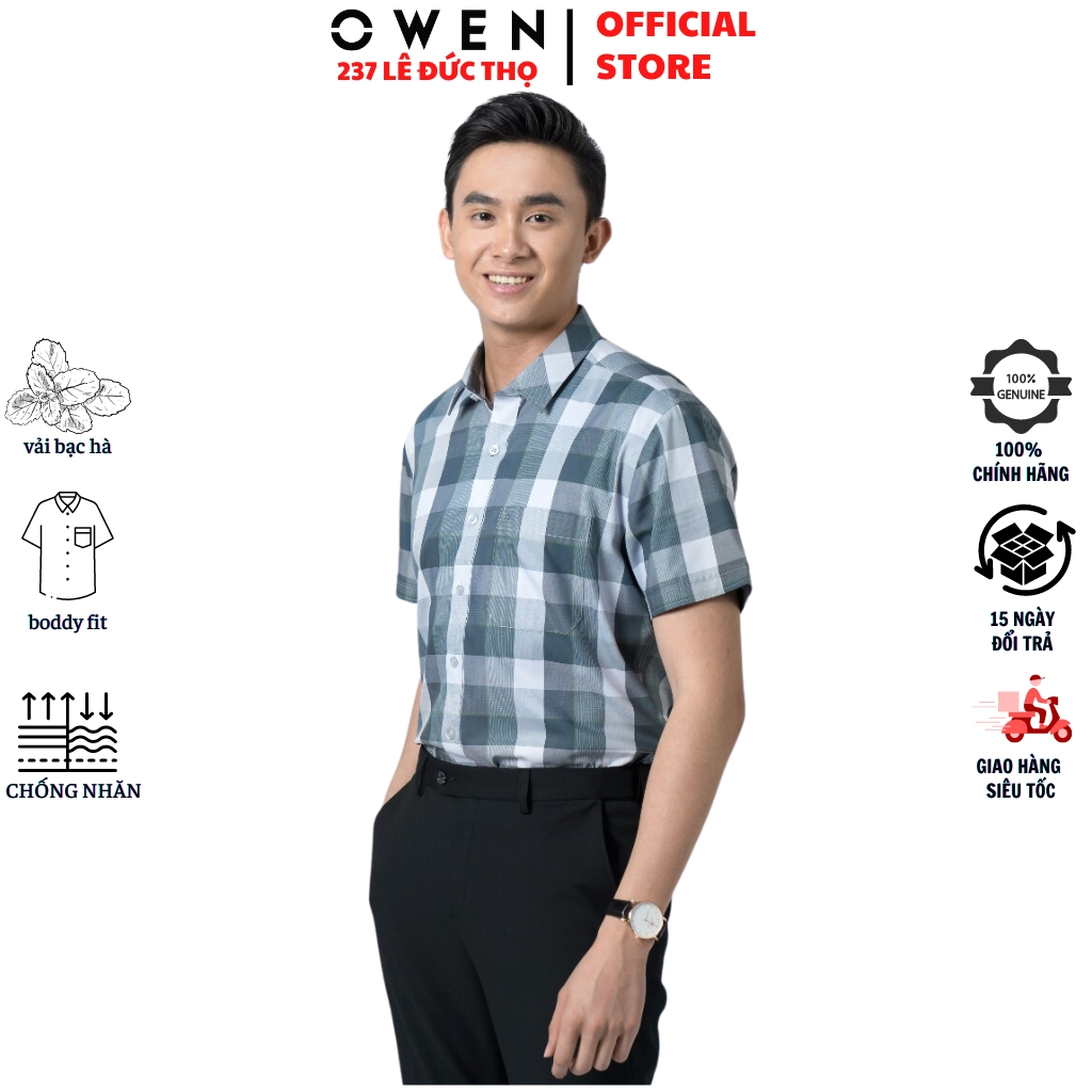Áo sơ mi ngắn tay nam OWEN BA220409NT somi công sở màu xanh bạc hà kẻ ô vải bạc hà cao cấp form body fit tà bằng có túi