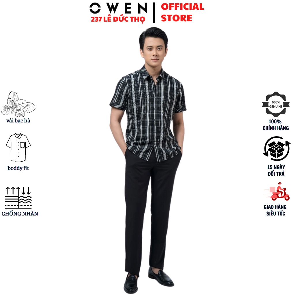 Áo sơ mi ngắn tay nam OWEN BA220223NT somi công sở màu kẻ caro đen trắng vải bạc hà cao cấp form body fit tà bằng có túi