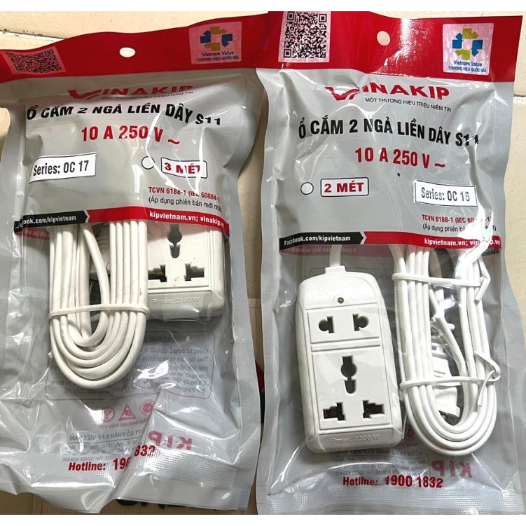 Ổ cắm 2 ngả Vinakip 2200W 10A 250V dây dài 2M/3M - Hàng chính hãng