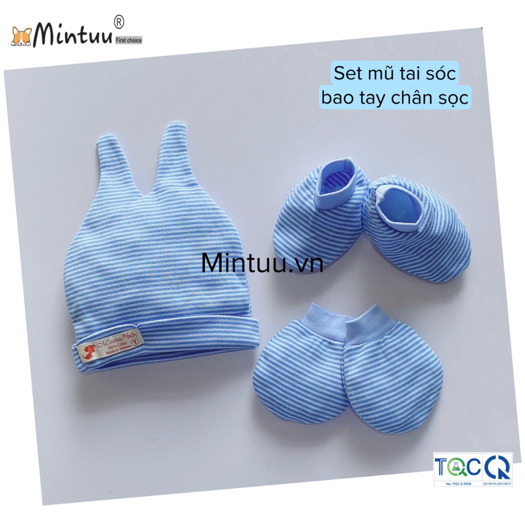 Set Nón sơ sinh tai sóc, tay chân bo sọc thương hiệu MINTUU