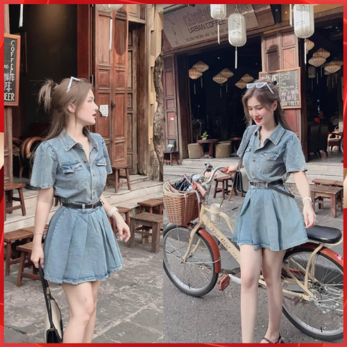 Set jean nữ áo + chân váy xếp ly có kèm đai chất bò mềm