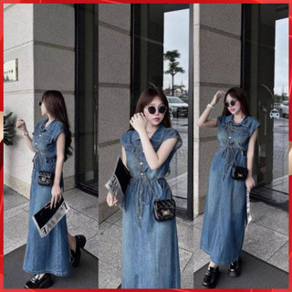 Váy bò dáng dài dây buộc eo tùy chỉnh form dáng chất bò mềm - Đầm jean nữ