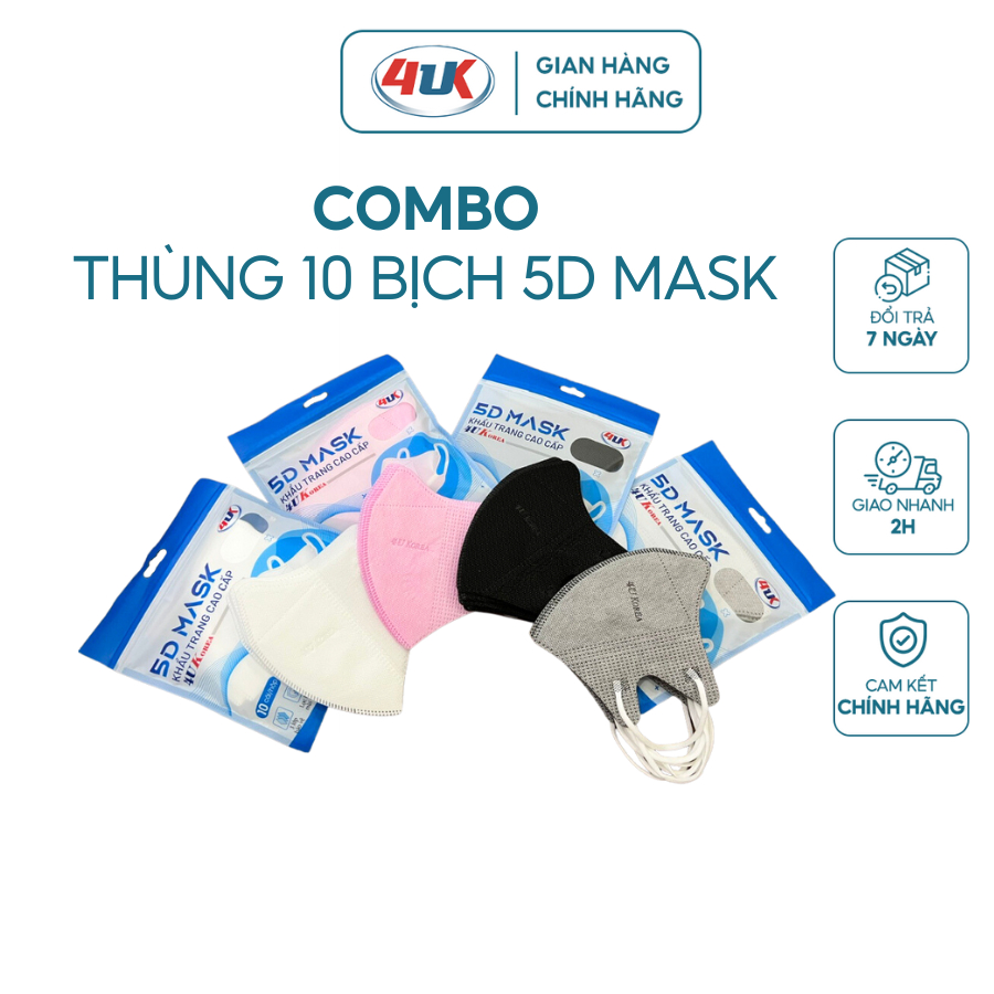 Thùng 100 chiếc khẩu trang y tế mix màu 5D 4UK 4 lớp bảo vệ lọc vi khuẩn và bụi hiệu quả (không túi zip)