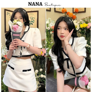 Set đầm xốp áo cúc ngọc kèm chân váy có quần, chất liệu gấm cốp cổ V bo viền sang chảnh