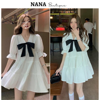 Đầm babydoll dáng xoè cổ V phối nơ, váy tiểu thư bánh bèo sang chảnh phong cách Hàn Quốc