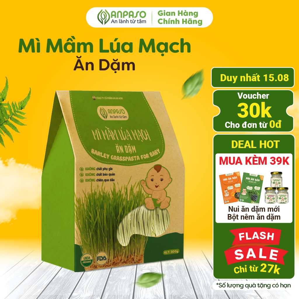 Mì Rau Củ Ăn Dặm Hữu Cơ Mầm Lúa Mạch Organic Anpaso Từ 7 Tháng Bổ Sung Chất Xơ, Cải Thiện Táo Bón 300g