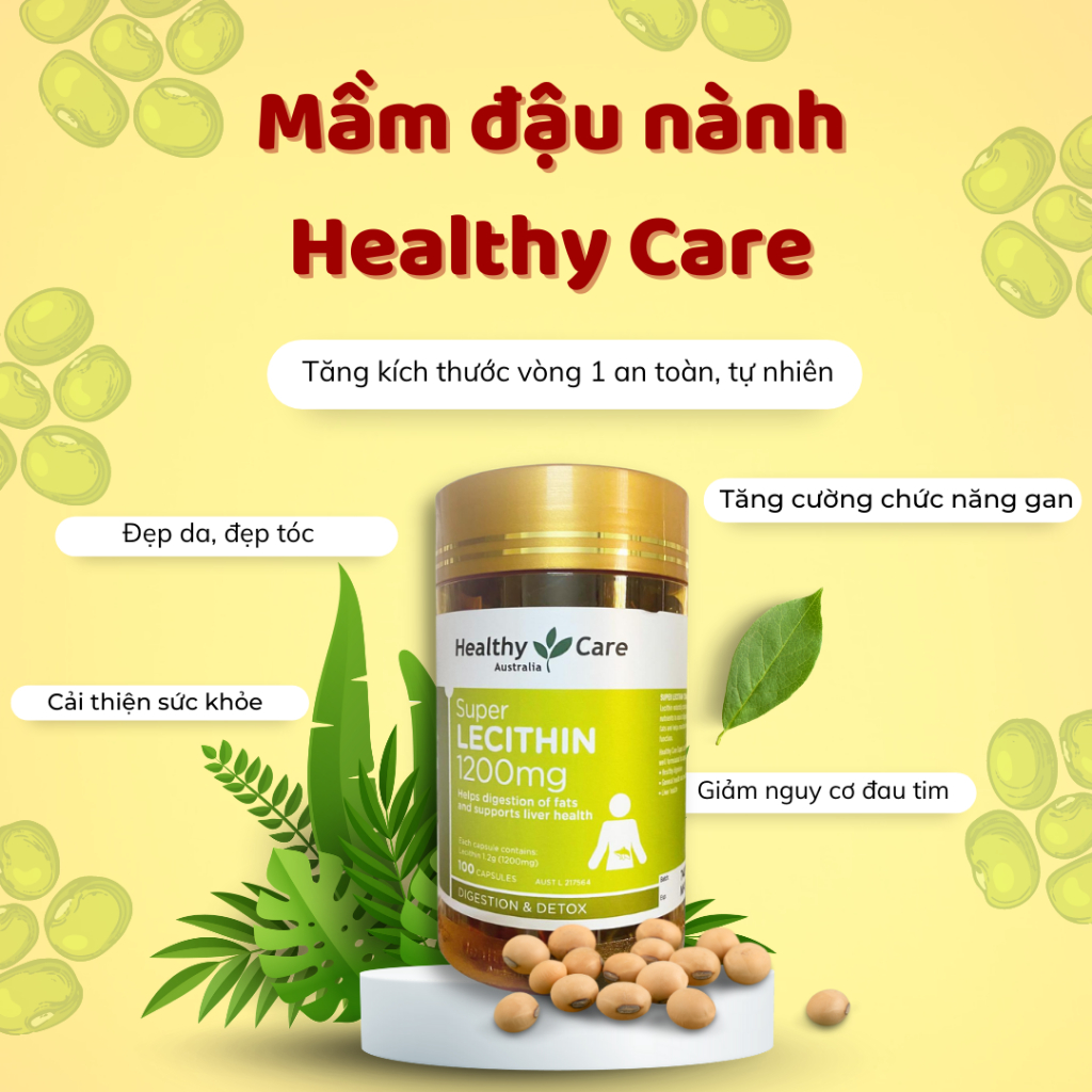 Combo 2 Hộp mầm đậu nành Healthy Care Super Lecithin đẹp da, đào thải độc tố gan, cân bằng nội tiết tố hộp 100 viên