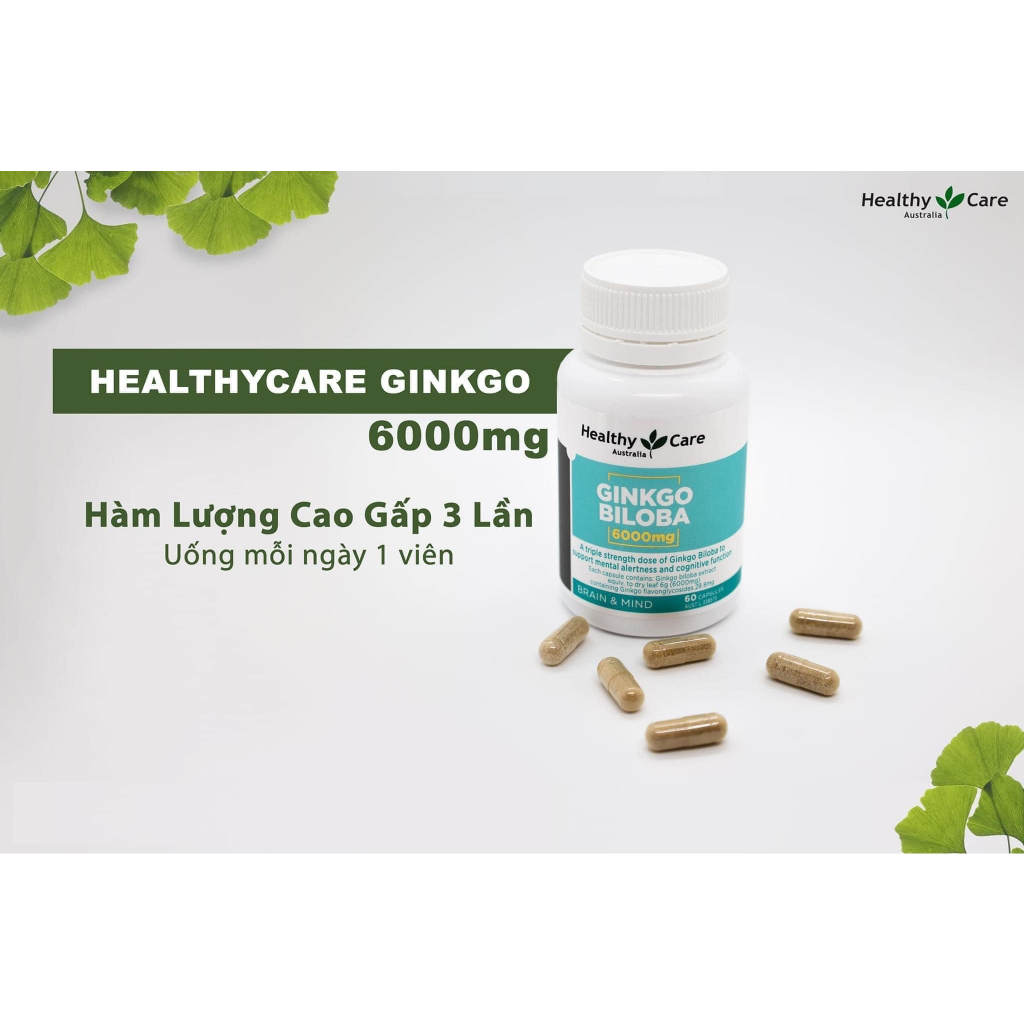 Viên bổ não  tăng tuần hoàn máu não, trí nhớ người lớn Healthy Care Ginkgo Biloba 2000mg/6000mg, Úc