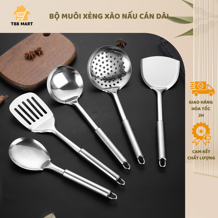 BỘ 5 MÔI inox cán dài (môi thủng, môi múc canh, xẻng chiên rán xào) cực kỳ chắc chắn dày dặn ( có bán lẻ)