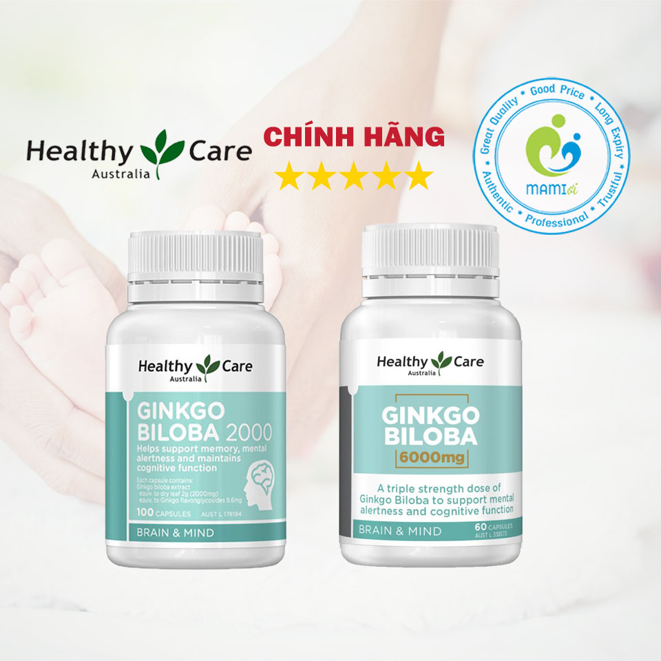 Viên bổ não  tăng tuần hoàn máu não, trí nhớ cho bé từ 12 tuổi và người già Healthy Care Ginkgo Biloba 2000mg, Úc