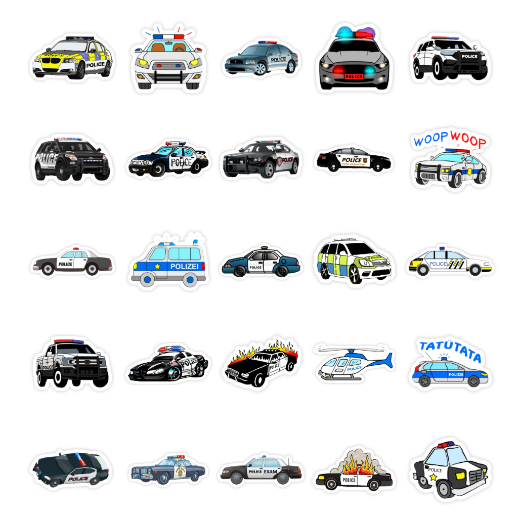 Bộ 50 Hình Dán Xe Đồ Chơi Cảnh Sát, Cứu Hoả, Xe Đua, Sticker Xe Ôtô Cho Bé
