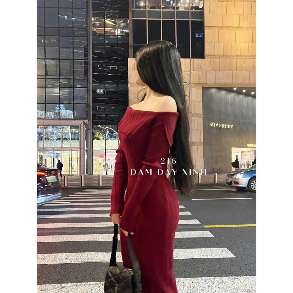 Đầm ôm body trễ vai tay dài xẻ tà sau sang chảnh, đầm đi tiệc đi chơi - thun xương cá