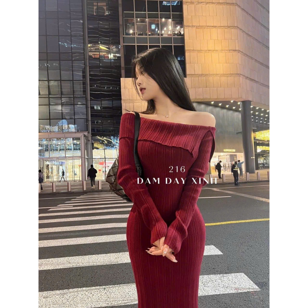 Đầm ôm body trễ vai tay dài xẻ tà sau sang chảnh, đầm đi tiệc đi chơi - thun xương cá