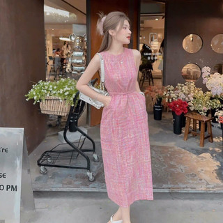 Đầm suông thời trang nữ mặc đi chơi chất vải caro xốp sát nách kèm dây cột eo như hình,.