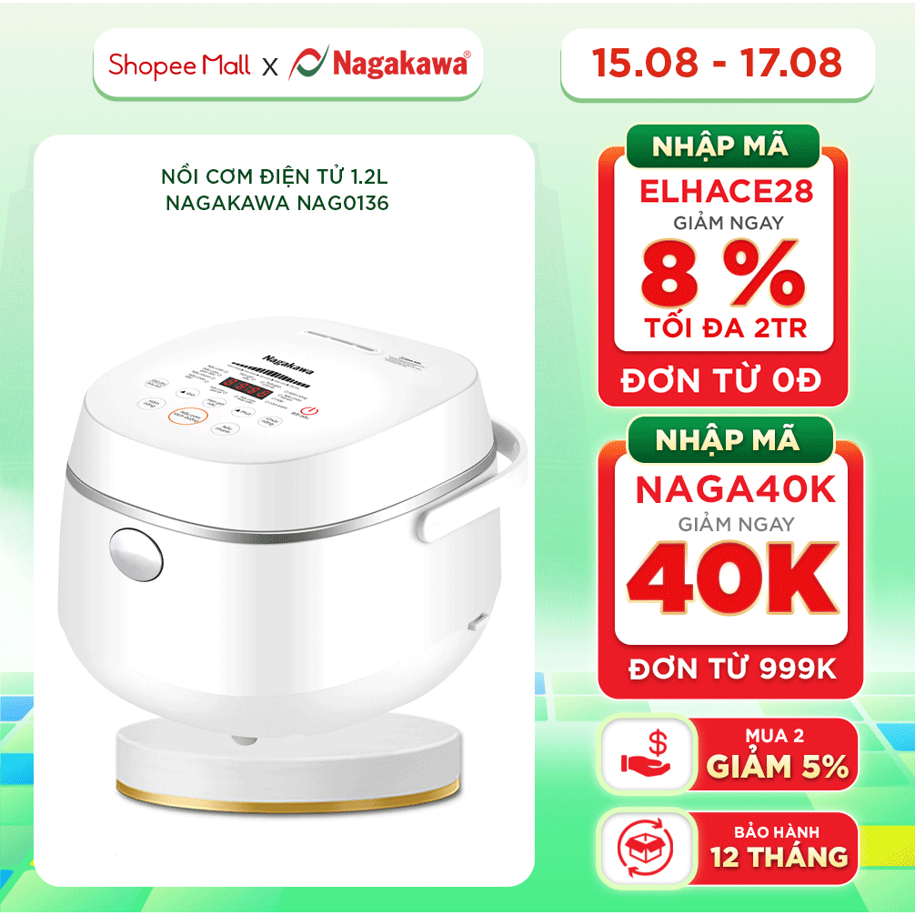 Nồi cơm điện cảm ứng Nagakawa NAG0136 (1.2L - 500W) - Tích hợp 11 chương trình nấu - Bảo hành 12 tháng - Trắng