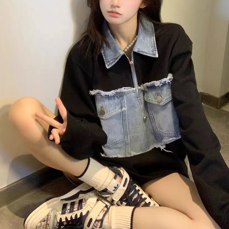 Áo sweater dài tay chất nỉ phối jeans cổ áo polo NewArrival 2023