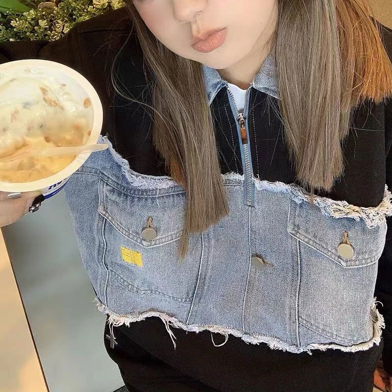 Áo sweater dài tay chất nỉ phối jeans cổ áo polo NewArrival 2023