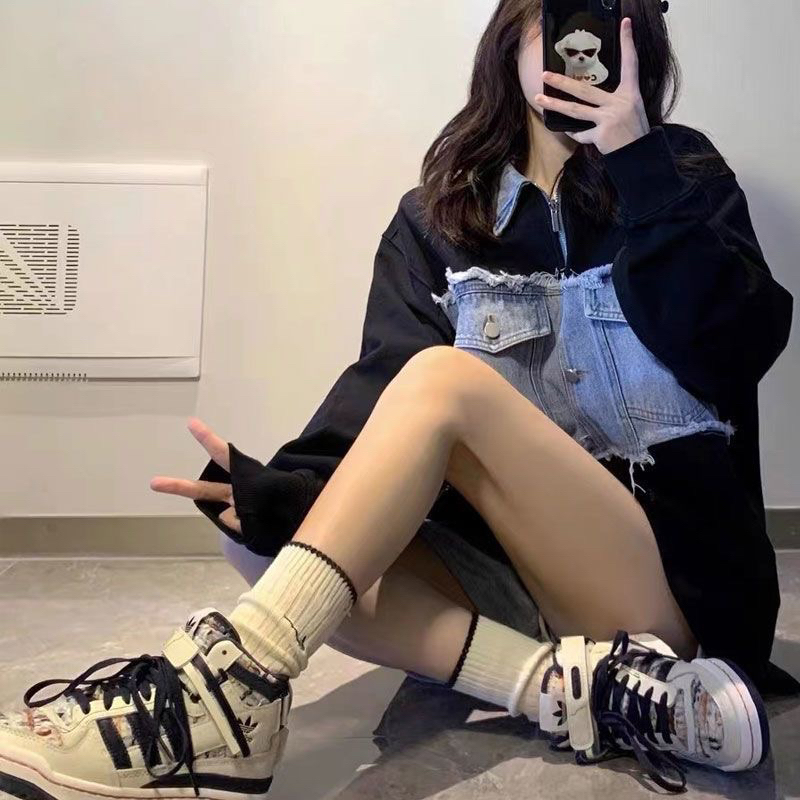 Áo sweater dài tay chất nỉ phối jeans cổ áo polo NewArrival 2023