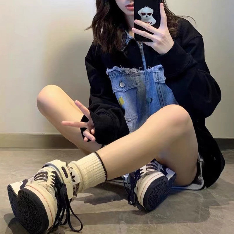 Áo sweater dài tay chất nỉ phối jeans cổ áo polo NewArrival 2023