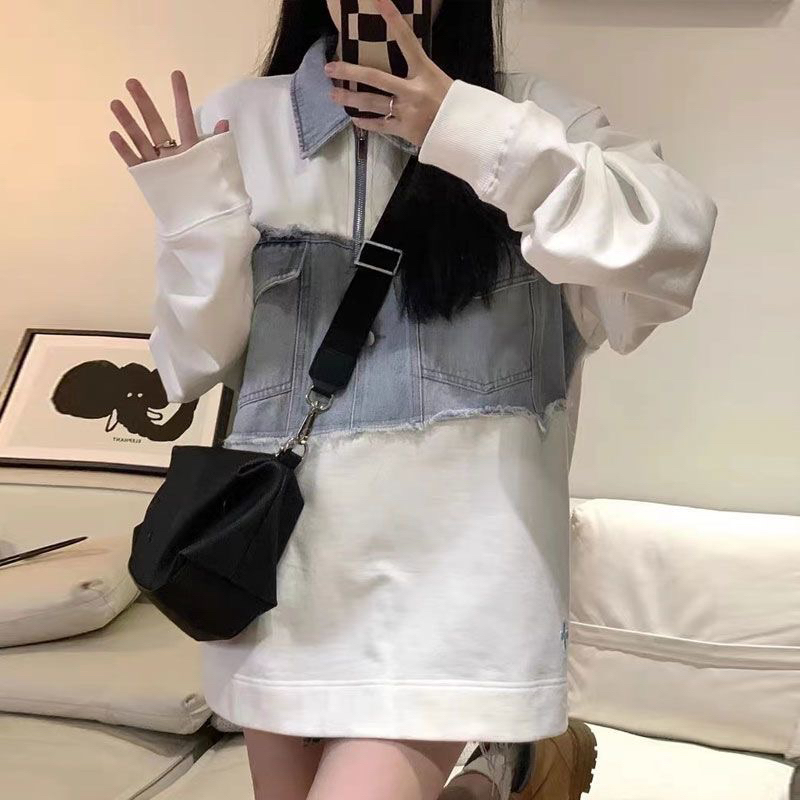 Áo sweater dài tay chất nỉ phối jeans cổ áo polo NewArrival 2023