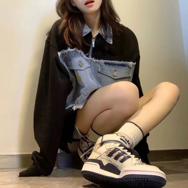 Áo sweater dài tay chất nỉ phối jeans cổ áo polo NewArrival 2023