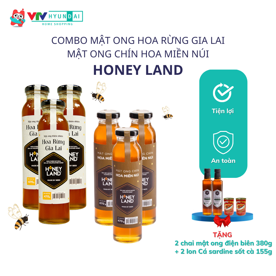 3 Chai Mật Ong Hoa Rừng Gia Lai HONEYLAND + 3 Chai Mật Ong Chín Hoa Miền Núi 470g Hỗ Trợ Sức khỏe VTV HYUNDAI